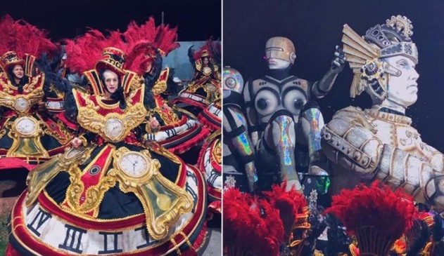 Pessoas com fantasias durante desfile de carnaval