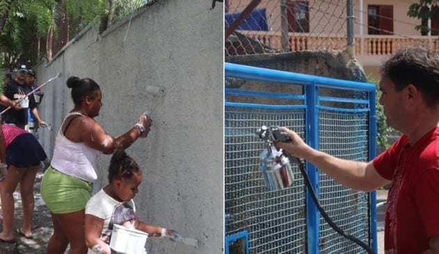 Mulheres e crianças pintando muros, à esquerda; homem pintando portão, à direita