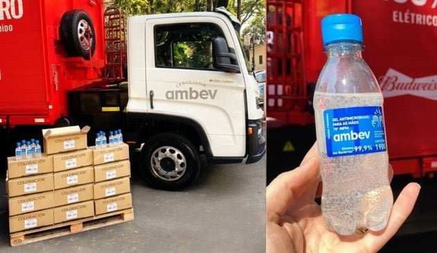 Foto de caminhão com carregamento de álcool em gel, à esquerda; frasco de álcool em gel, à direita