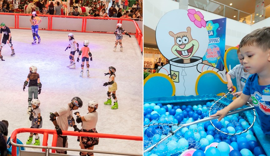 à esquerda, pessoas patinam em pista de patinação do maxi shopping jundiaí; à direita, criança pesca itens em piscina de bolinhas com personagem Sandy, do Bob Esponja, em placa ao fundo