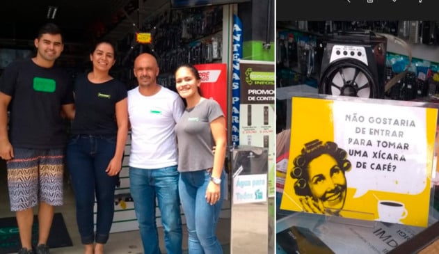 Foto de família abraçada, à esquerda; foto de bebedouro, à direita