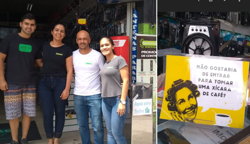 Foto de família abraçada, à esquerda; foto de bebedouro, à direita