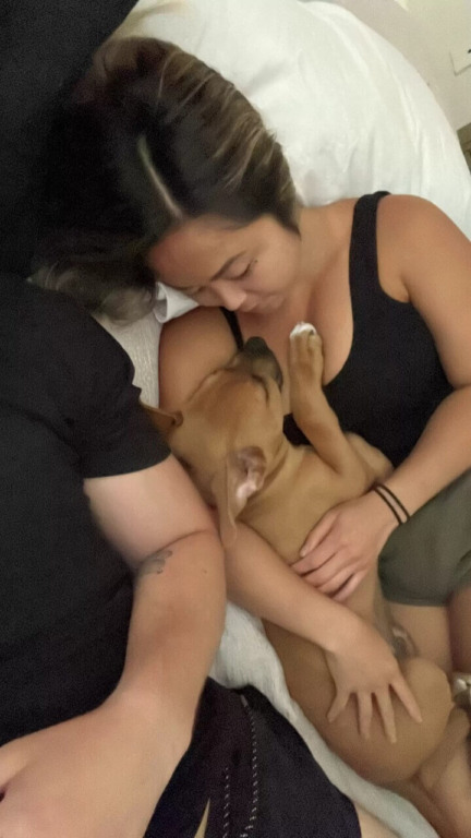 Casal deitado com cachorro