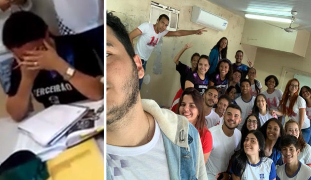 À esquerda, reprodução do vídeo do momento em que os alunos entregaram o dinheiro para a professora: ela coloca as mãos no rosto e chora de emoção. À direita, selfie da turma que fez a doação
