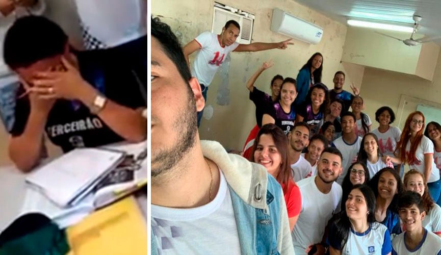 À esquerda, reprodução do vídeo do momento em que os alunos entregaram o dinheiro para a professora: ela coloca as mãos no rosto e chora de emoção. À direita, selfie da turma que fez a doação