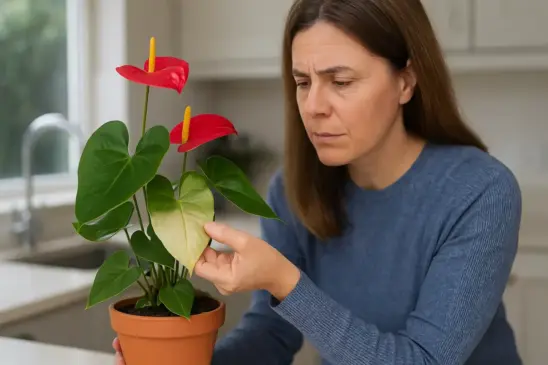 Antúrio com folhas pálidas sofre com vento — mude o local já