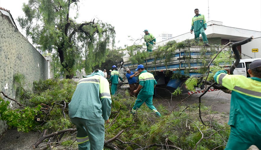 Trabalhadores da prefeitura retirando galhos de rua após chuva intensa derrubar árvores