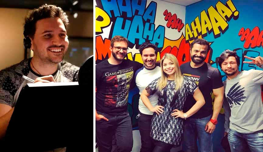 À esquerda, Gabriel Ebling durante dublagem; à direita, ele com parte do elenco de dubladores de turma da mônica jovem