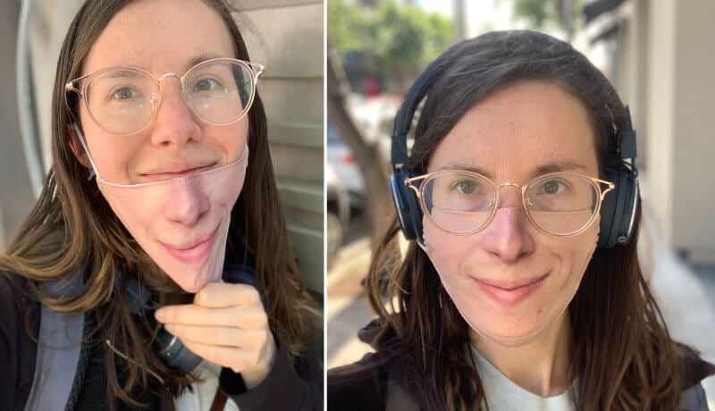 Danielle Baskin com e sem máscara com imagem de rosto