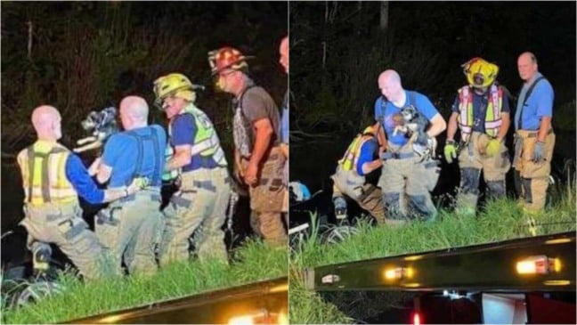 Bombeiros resgatando cachorro de carro submerso