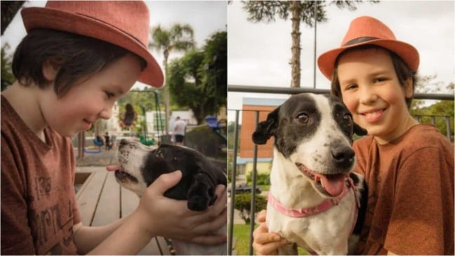 Menino abraçando cachorro
