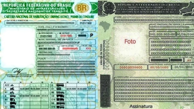 Novo modelo de CNH (à esquerda), que começa a valer em 2022, e modelo antigo (à direita) (Foto: Divulgação/Contran)