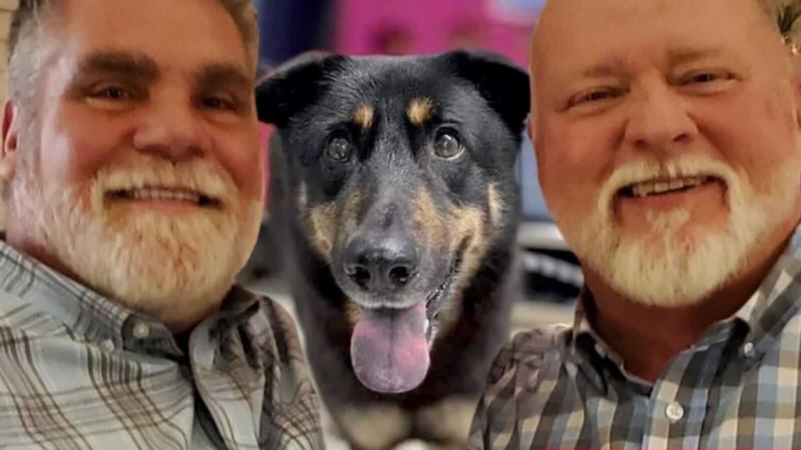 Montagem de fotos com dois homens e um cachorro