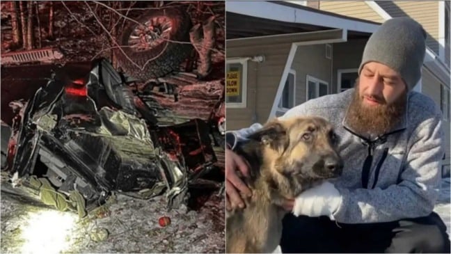 Foto de carro após acidente e homem com cachorro