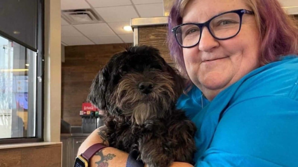 Mulher abraçando cachorro poodle Mulher abraçando cachorro poodle