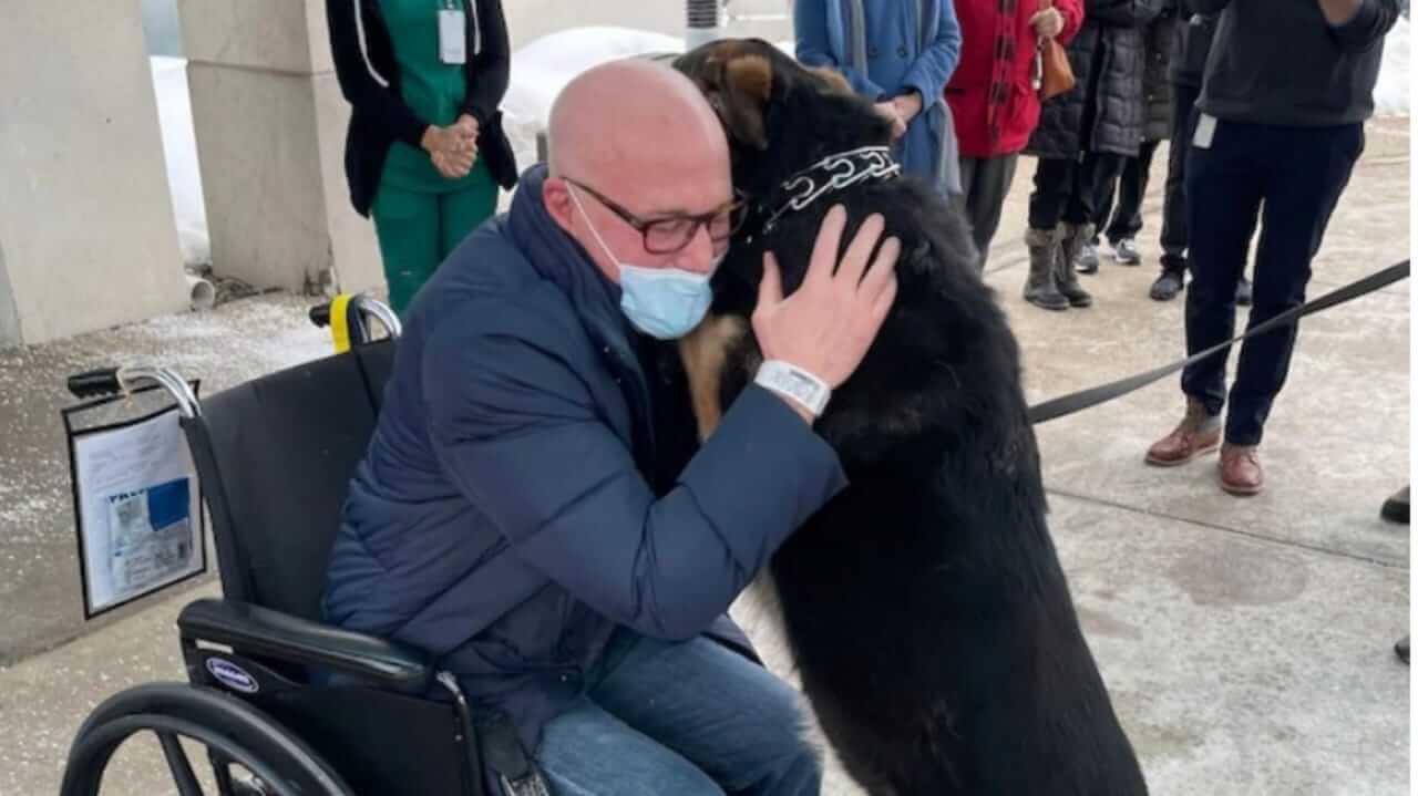 Homem em cadeira de rodas com cachorro