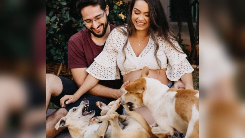 Casal sentado no chão com cães brincando em frente