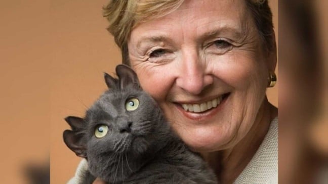 Mulher abraçando gato com quatro orelhas