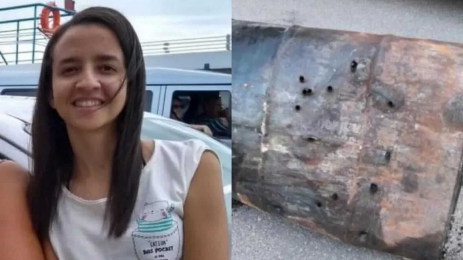 Juliana, desaparecida, ao lado de tambor com furos