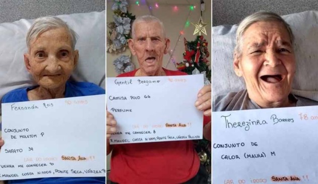 três idosos seguram cartaz com seus nomes, idades e presentes desejados para o natal