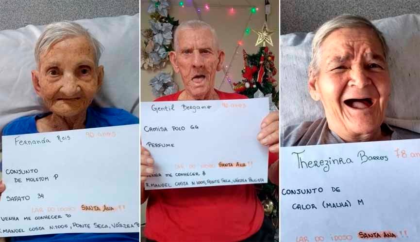 três idosos seguram cartaz com seus nomes, idades e presentes desejados para o natal