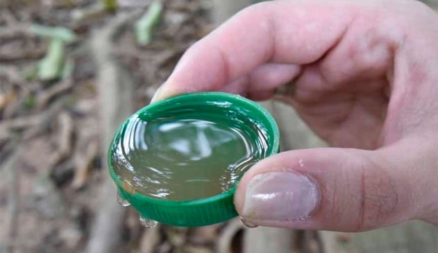 foto focada em mão segurando tampa com água e criadouros de mosquito da dengue