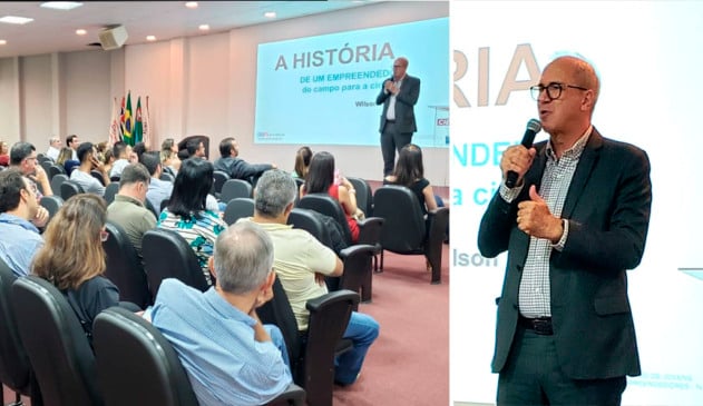 À esquerda, público acompanhando palestra; à direita, Wilson Poit em pé segura microfone, com foto ampliada