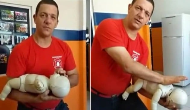 Comandante do Grupamento de Bombeiros Civis orienta como agir em caso de engasgamento (Foto: Tribuna de Jundiaí)