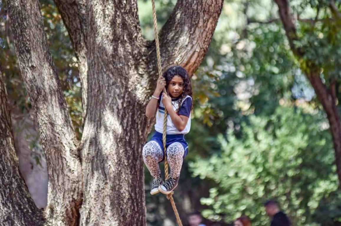 Criança brincando em uma corda pendurada em árvore durante atividade ao ar livre em escola, destacando diversão e natureza. Criança brincando em uma corda pendurada em árvore durante atividade ao ar livre em escola, destacando diversão e natureza.