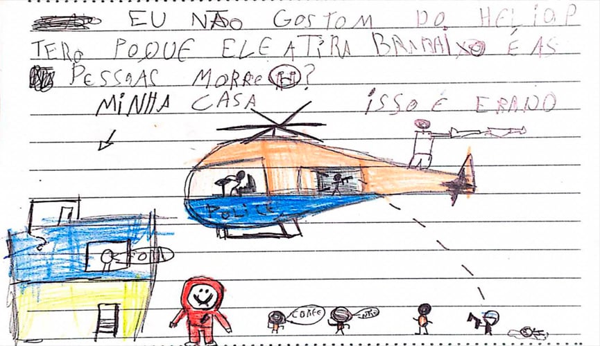 Criança de comunidade diz que não gosta de helicóptero porque ele atira e as pessoas morrem