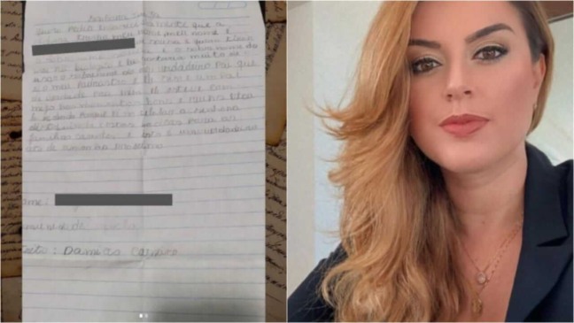 Imagem de carta escrita por criança ao lado de foto de juíza