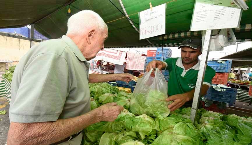 idoso comprando alfaces de feirante, que lhe entrega a sacola durante a feira