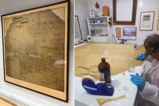 Restaurador trabalhando na planta de encanamento e esgoto do século 19 de Jundiaí