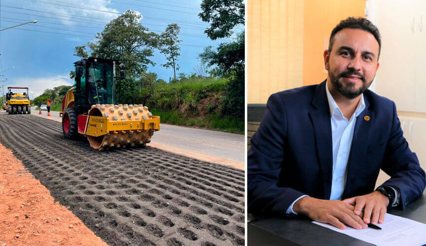 Imagem dividida ao meio, do lado esquerdo um trator arrumando a rua e do lado esquerdo o Deputado Alexandre