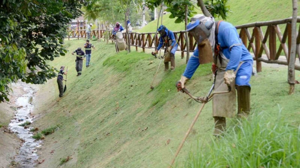 Homens realizando limpeza em parque.