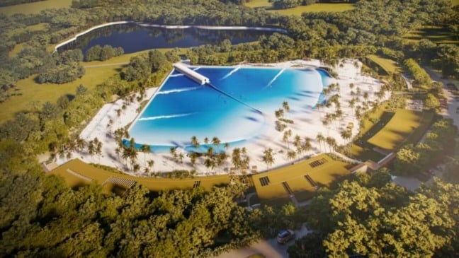 Perspectiva artística da praia artificial em condomínio de luxo em Itupeva