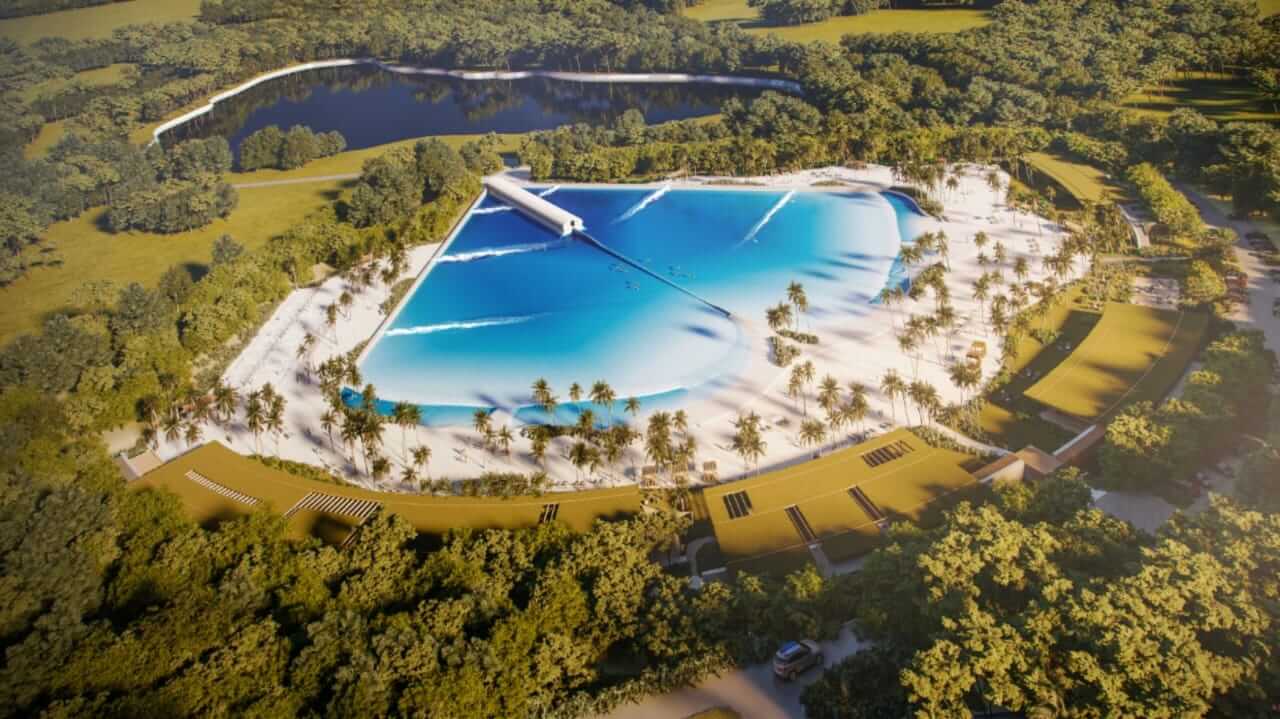 Perspectiva artística da praia artificial em condomínio de luxo em Itupeva