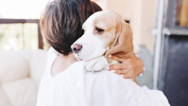 Mulher abraçando cachorro
