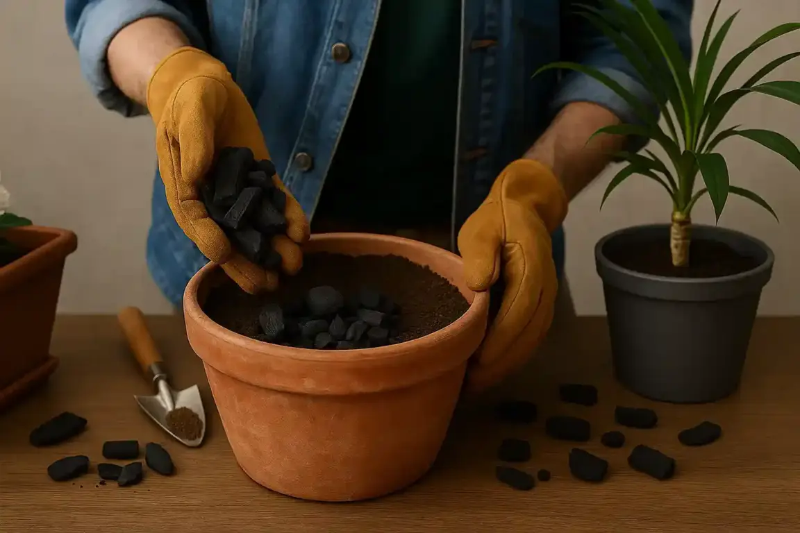 Esse truque com carvão vegetal salva vasos com drenagem ruim