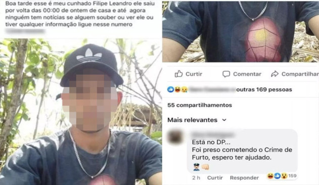 Imagem mostra publicação nas redes sociais em que jovem é procurado por familia e abaixo o policial responde "Está no DP... Foi preso cometendo o crime de furto. Espero ter ajudado".