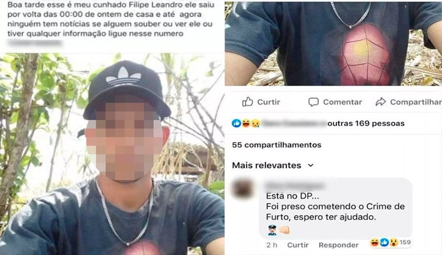 Imagem mostra publicação nas redes sociais em que jovem é procurado por familia e abaixo o policial responde "Está no DP... Foi preso cometendo o crime de furto. Espero ter ajudado".
