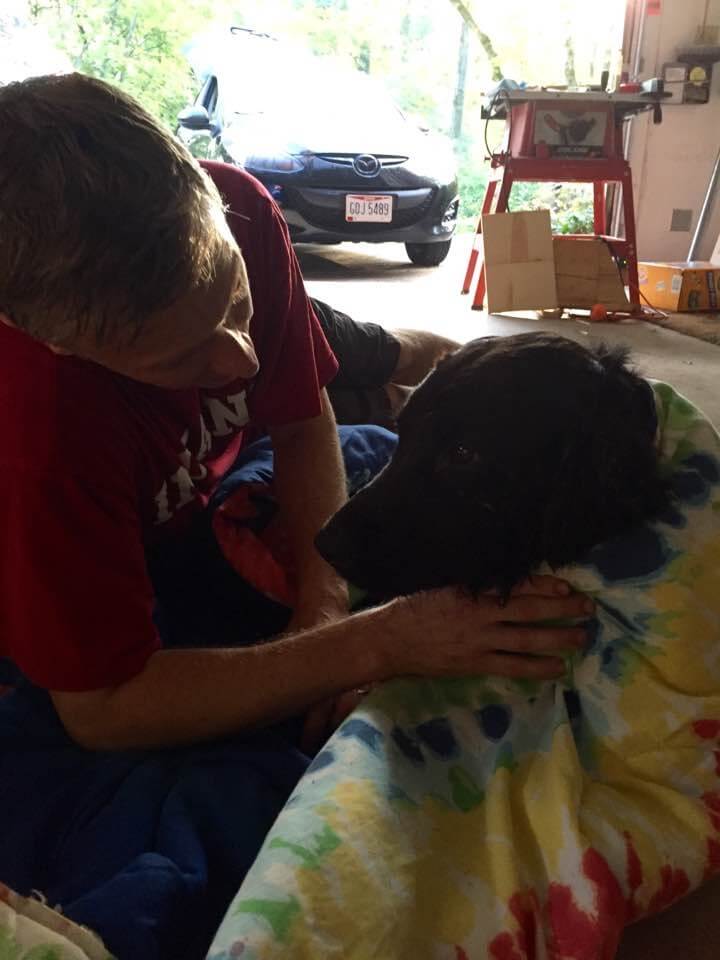 Homem secando cachorro com toalha