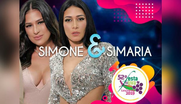 Banner com as artistas simone e simaria lado a lado e, abaixo, o logotipo da festa da uva de louveira