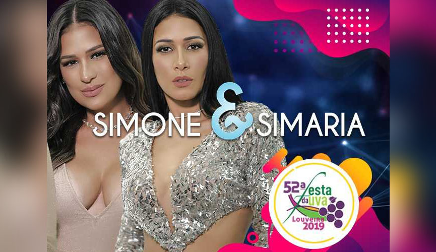 Banner com as artistas simone e simaria lado a lado e, abaixo, o logotipo da festa da uva de louveira