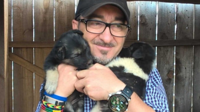 Homem segurando cachorros