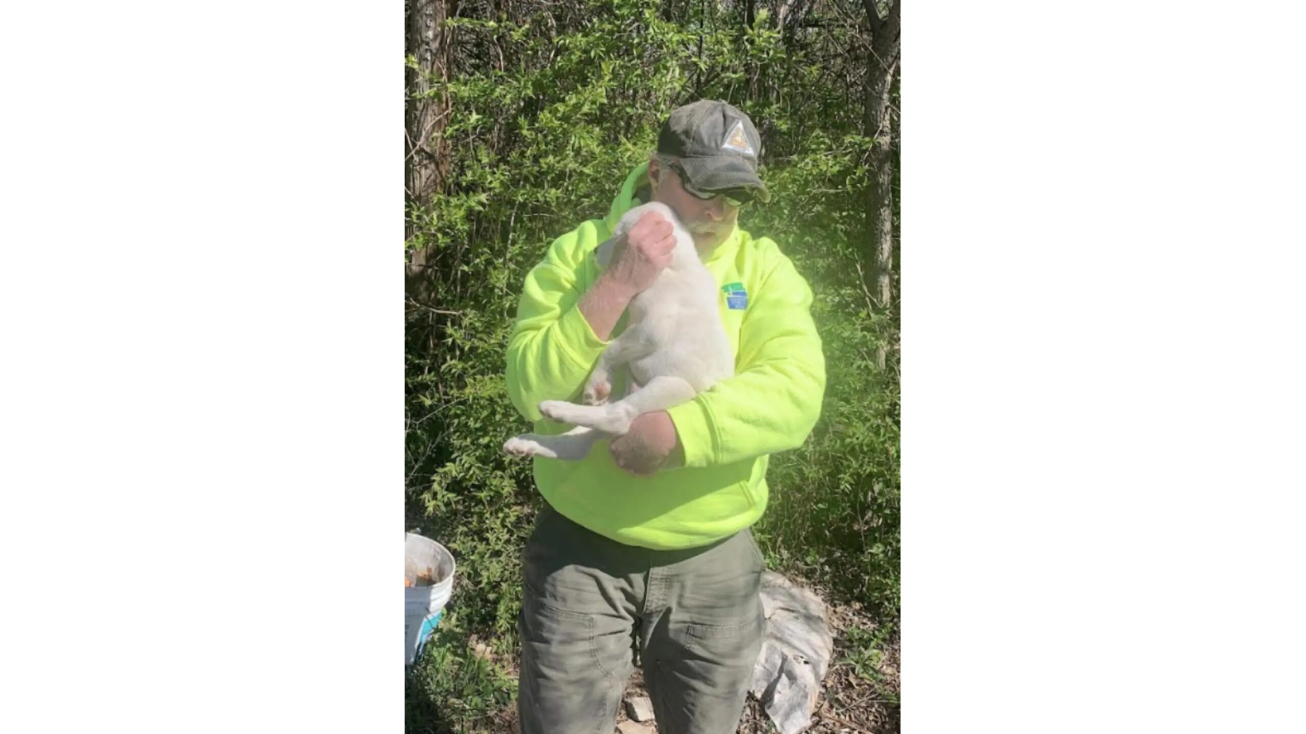 Homem segurando filhote de cachorro branco