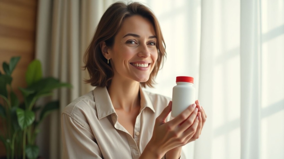 Mulher segurando frasco de remédios