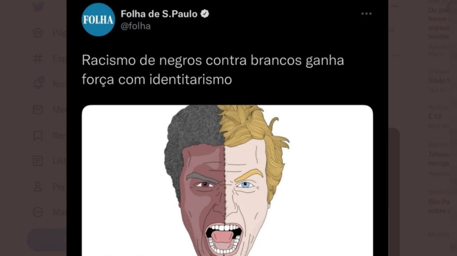 Postagem de artigo racista da Folha no Twitter