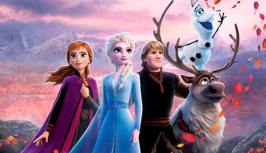 cartaz de divulgação do filme frozen 2, com os personagens Anna, Elsa, Kristroff, Olaf e Sven