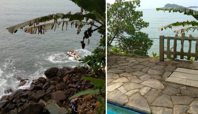à esquerda, foto mostra barranco em frente ao mar, com bombeiros fazendo buscas na terra e no mar; à esquerda, parte do parapeito do deck que cedeu com uma fita